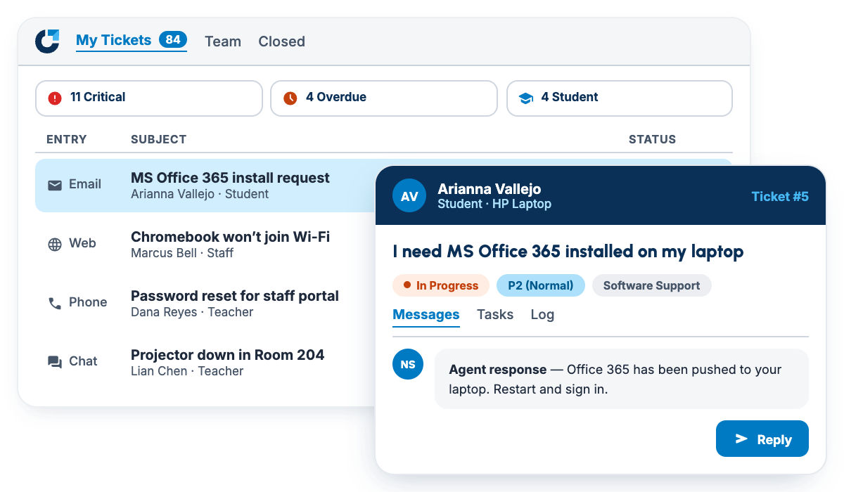 Onflo IT service management dashboard for K–12 school districts, showing a live ticket queue with urgent, assigned, and resolved requests