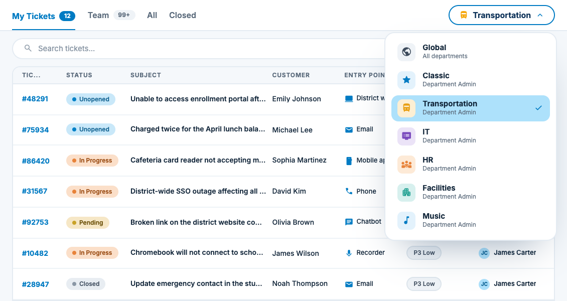 Onflo unified ticketing inbox connecting IT, facilities, HR, and transportation on one platform